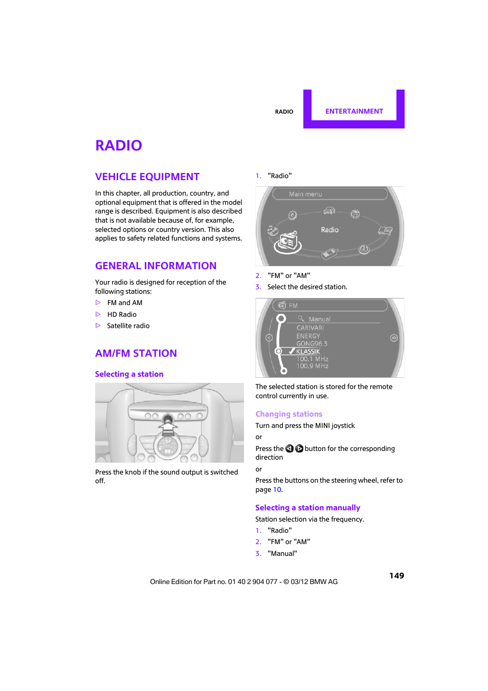 Radio, Vehicle equipment, General information | Am/fm station | Mini 2012 Coupe Roadster Convertible User Manual | Page 150 / 283