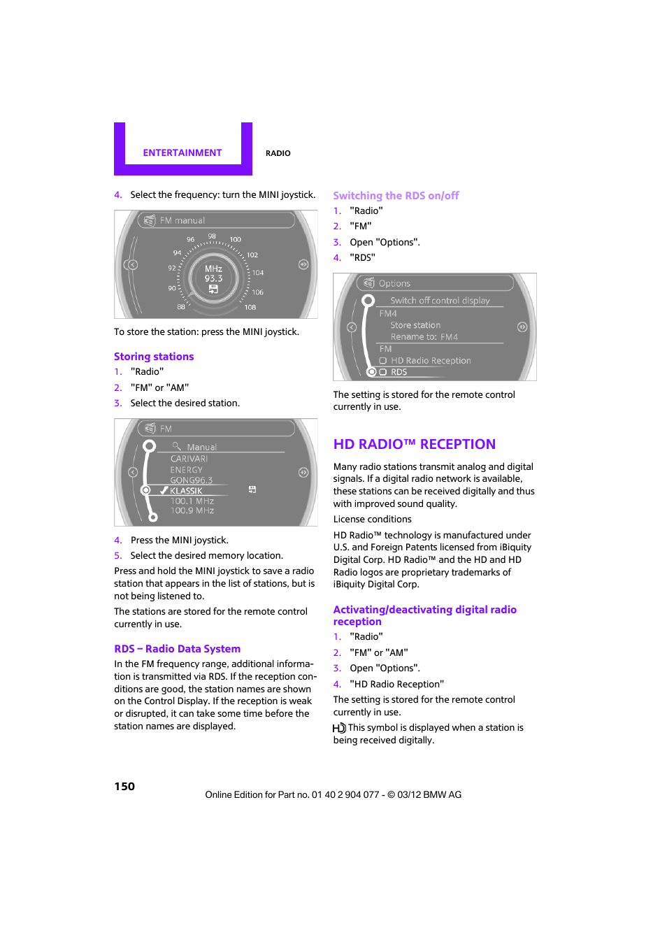 Hd radio™ reception | Mini 2012 Coupe Roadster Convertible User Manual | Page 151 / 283