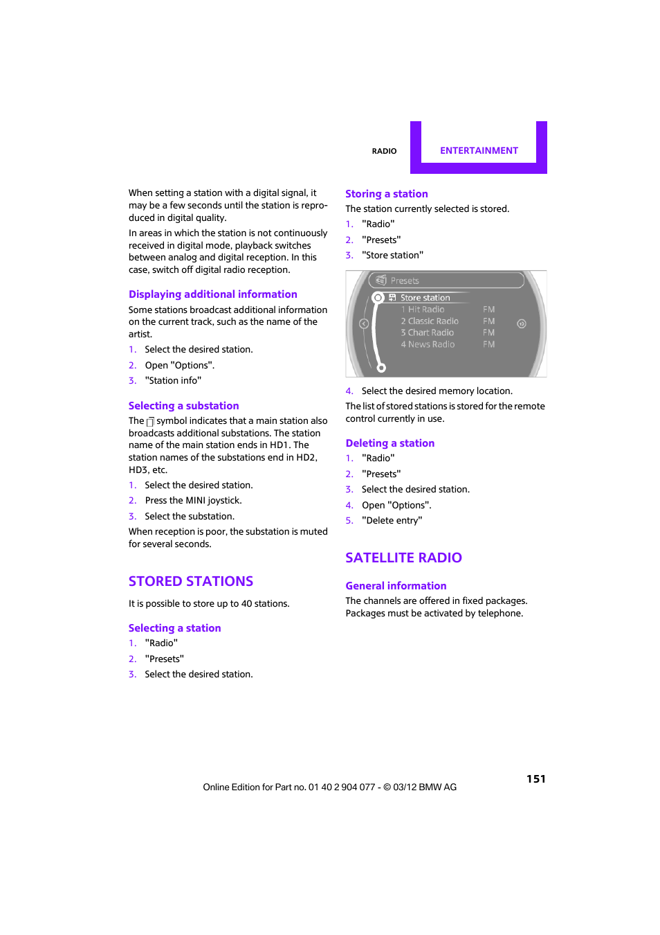 Stored stations, Satellite radio | Mini 2012 Coupe Roadster Convertible User Manual | Page 152 / 283