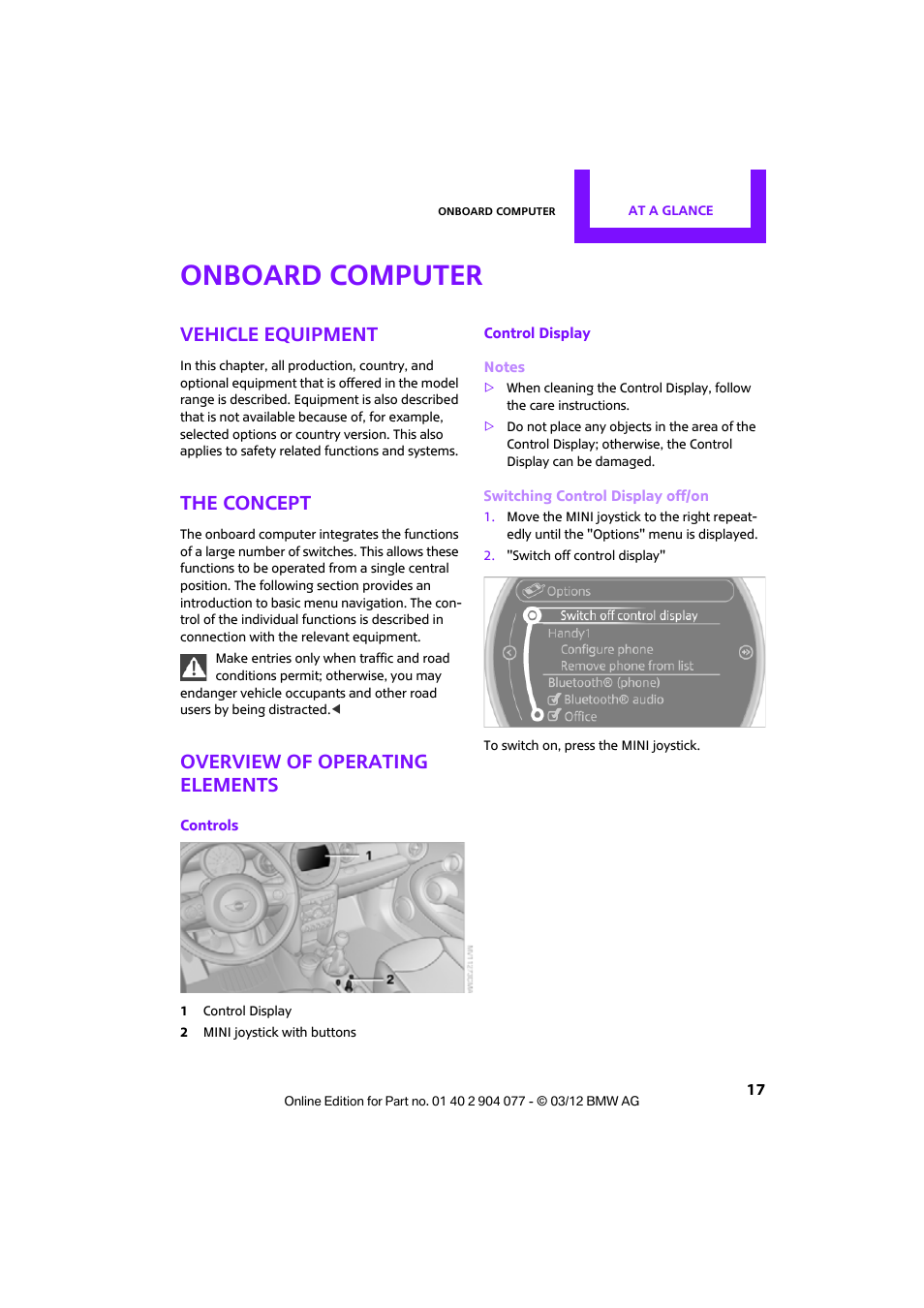Onboard computer, Vehicle equipment, The concept | Overview of operating elements | Mini 2012 Coupe Roadster Convertible User Manual | Page 18 / 283