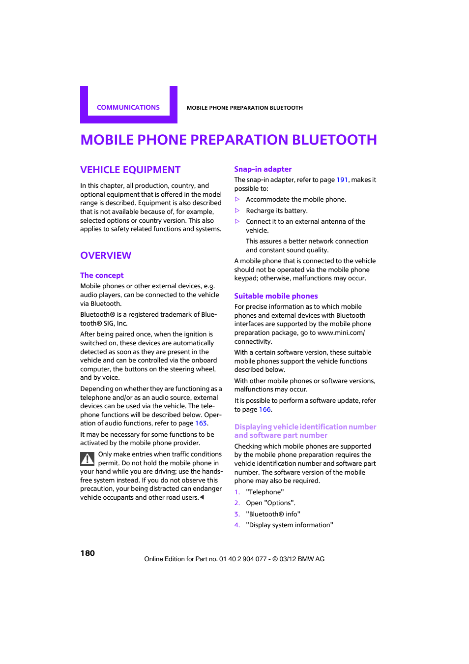 Mobile phone preparation bluetooth, Vehicle equipment, Overview | Mini 2012 Coupe Roadster Convertible User Manual | Page 181 / 283