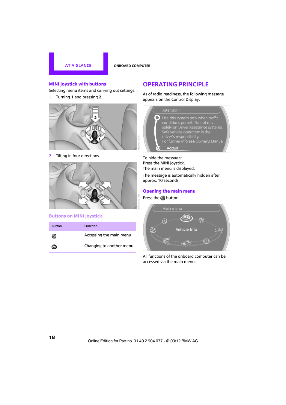 Operating principle, Rol display | Mini 2012 Coupe Roadster Convertible User Manual | Page 19 / 283