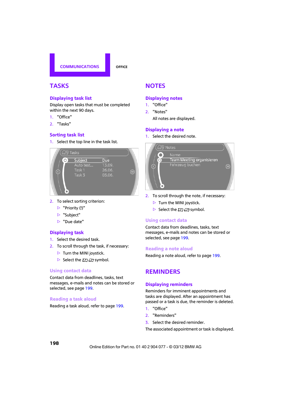 Tasks, Notes, Reminders | Mini 2012 Coupe Roadster Convertible User Manual | Page 199 / 283