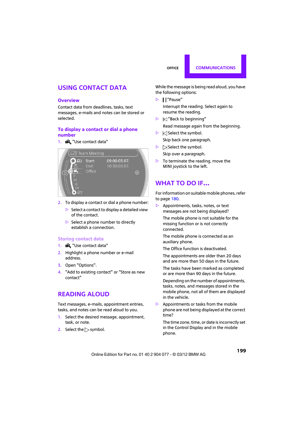 Using contact data, Reading aloud, What to do if | Mini 2012 Coupe Roadster Convertible User Manual | Page 200 / 283