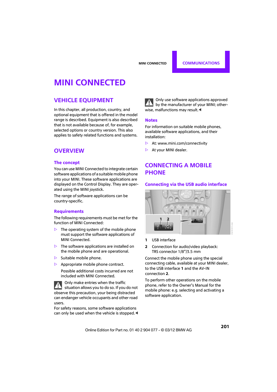 Mini connected, Vehicle equipment, Overview | Connecting a mobile phone | Mini 2012 Coupe Roadster Convertible User Manual | Page 202 / 283