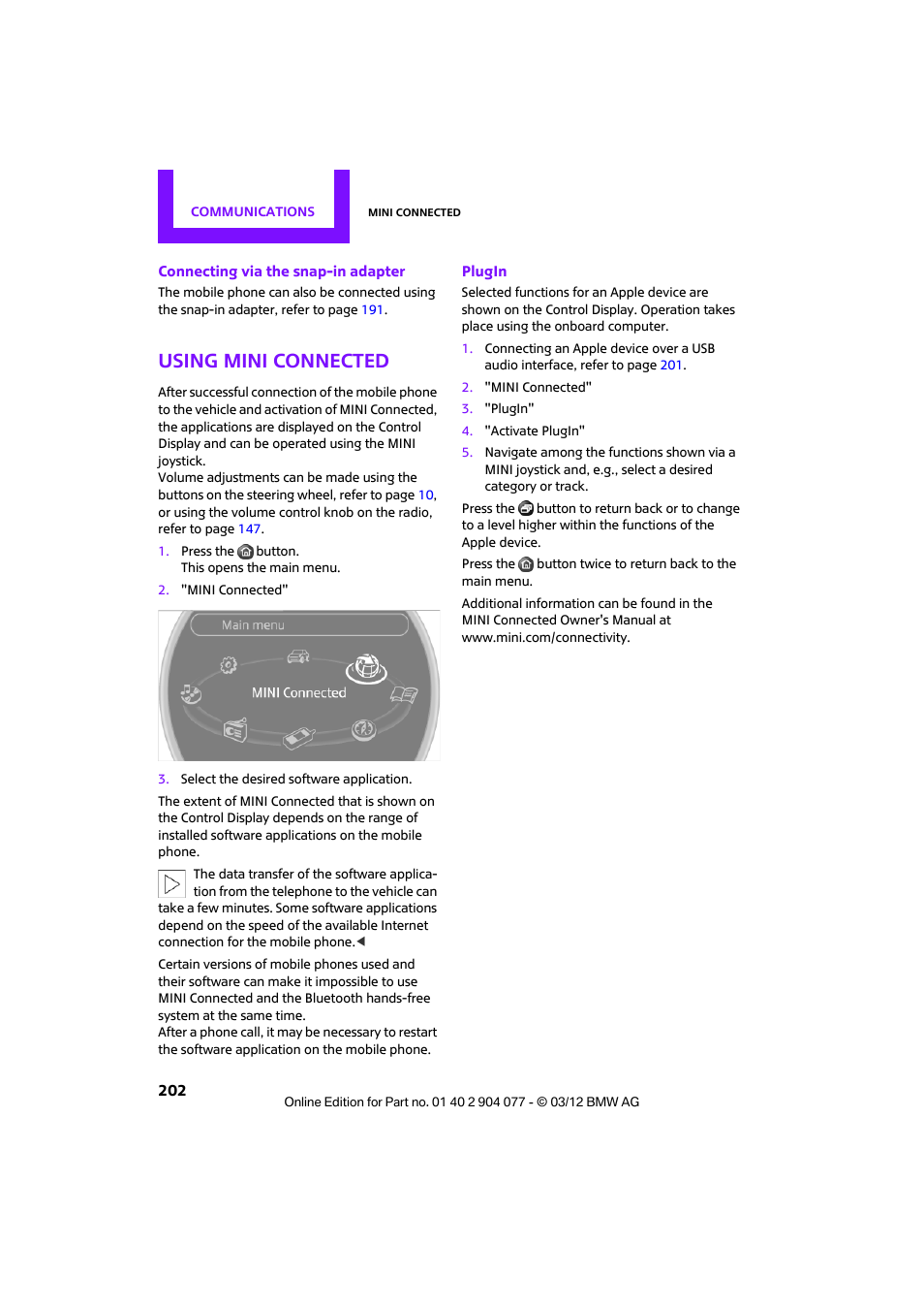 Using mini connected | Mini 2012 Coupe Roadster Convertible User Manual | Page 203 / 283