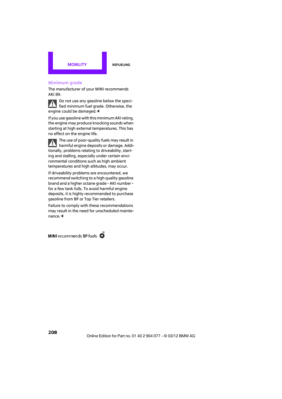 Mini 2012 Coupe Roadster Convertible User Manual | Page 209 / 283