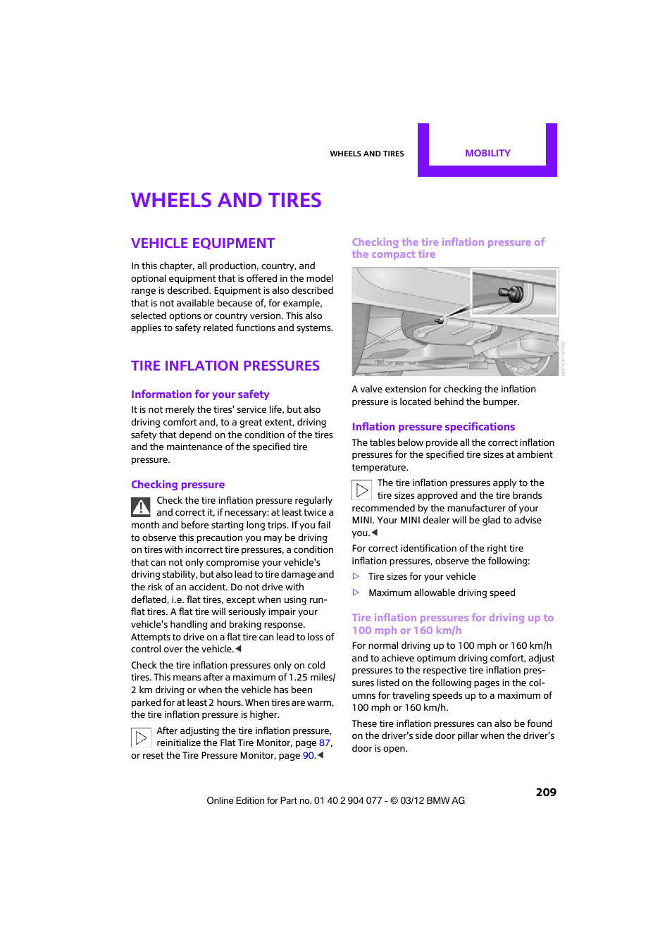 Wheels and tires, Vehicle equipment, Tire inflation pressures | Mini 2012 Coupe Roadster Convertible User Manual | Page 210 / 283
