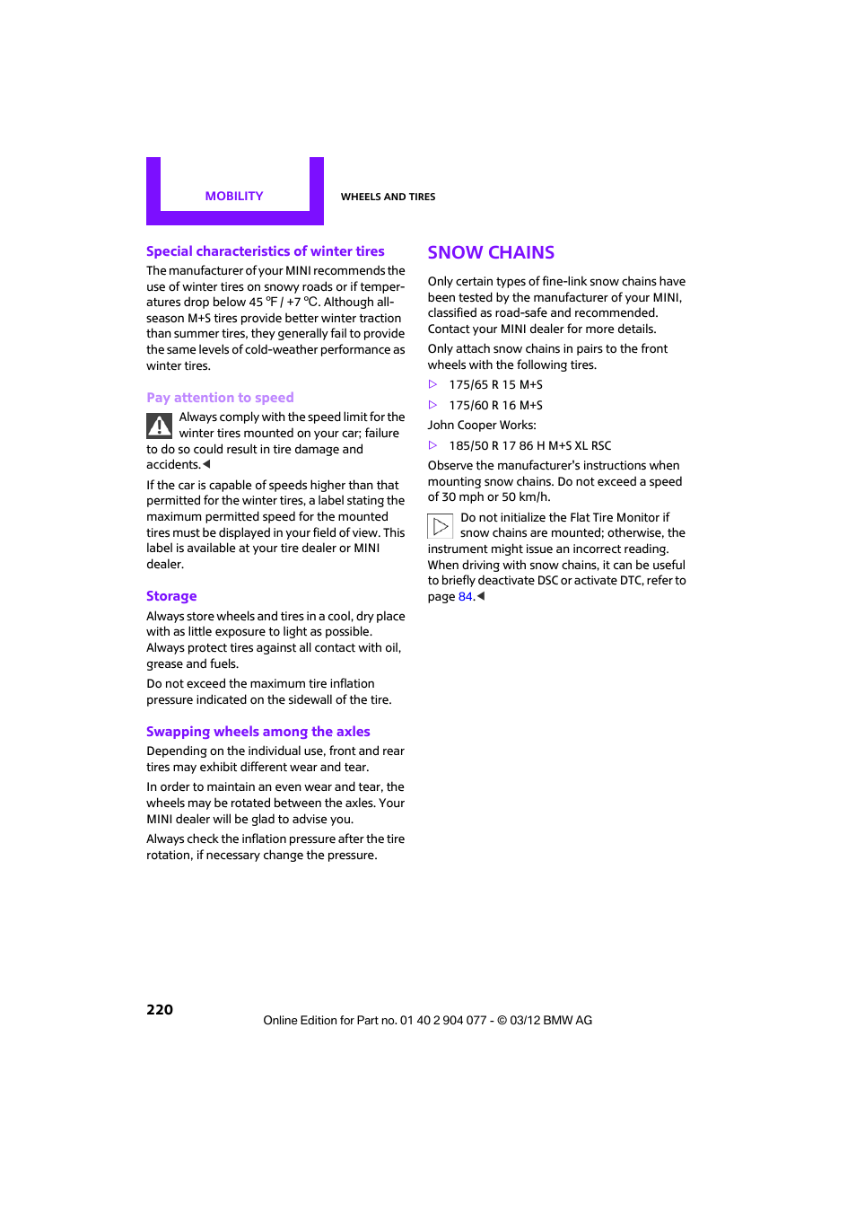 Snow chains | Mini 2012 Coupe Roadster Convertible User Manual | Page 221 / 283
