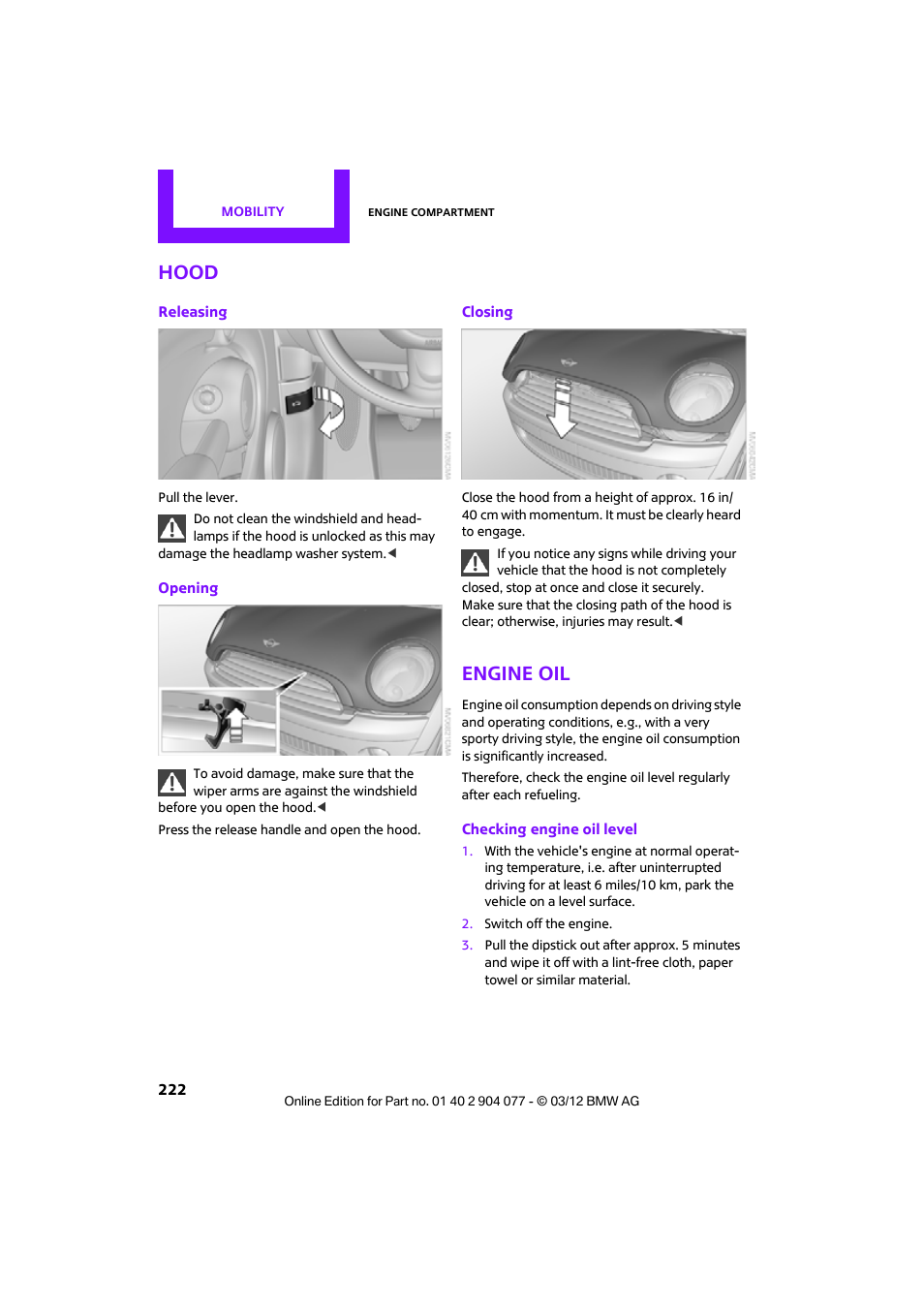 Hood, Engine oil | Mini 2012 Coupe Roadster Convertible User Manual | Page 223 / 283