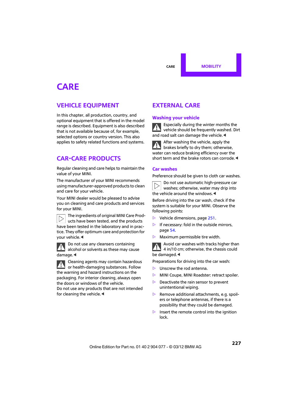 Care, Vehicle equipment, Car-care products | External care | Mini 2012 Coupe Roadster Convertible User Manual | Page 228 / 283