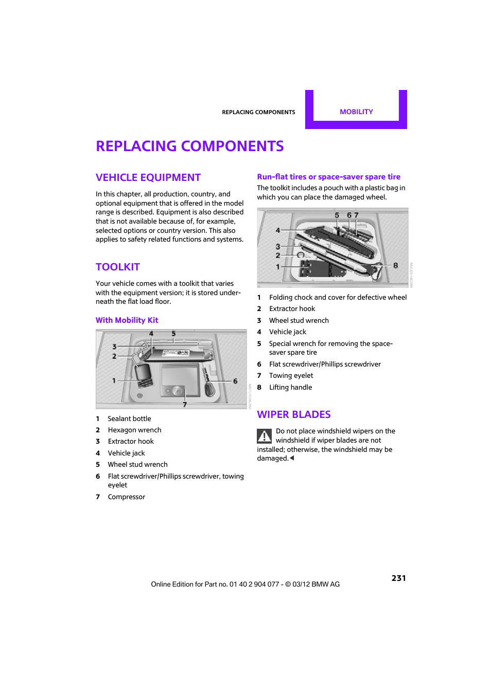 Replacing components, Vehicle equipment, Toolkit | Wiper blades | Mini 2012 Coupe Roadster Convertible User Manual | Page 232 / 283