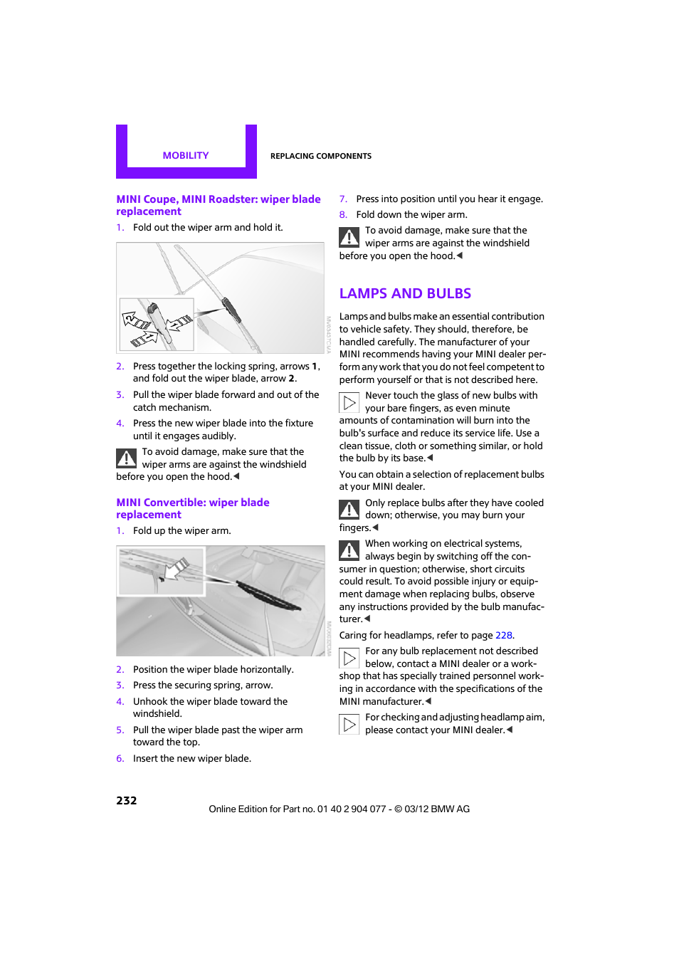 Lamps and bulbs | Mini 2012 Coupe Roadster Convertible User Manual | Page 233 / 283