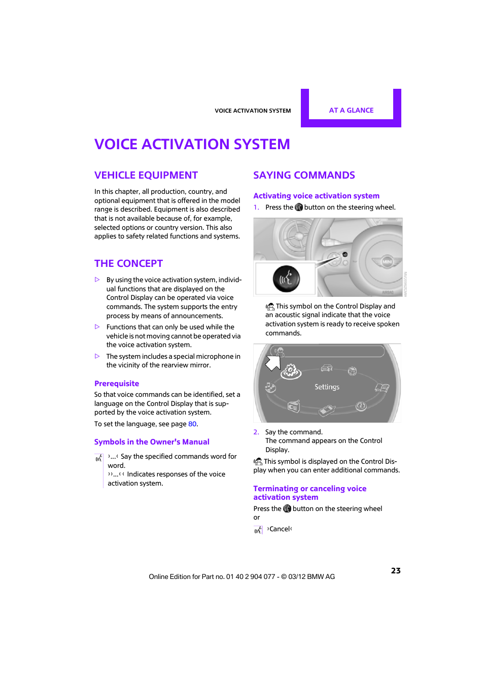 Voice activation system, Vehicle equipment, The concept | Saying commands | Mini 2012 Coupe Roadster Convertible User Manual | Page 24 / 283