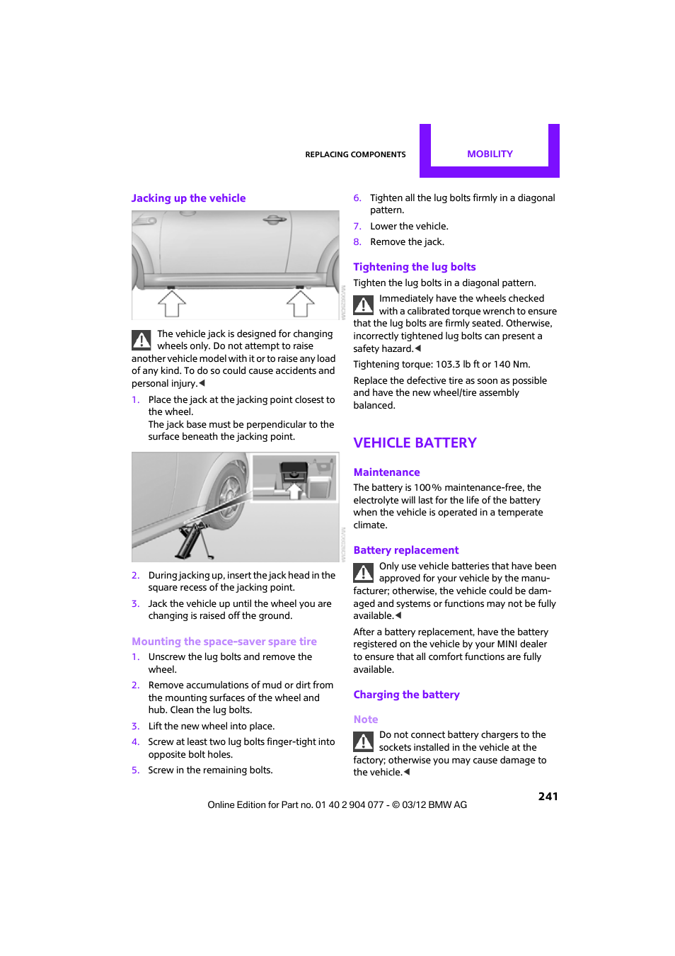 Vehicle battery | Mini 2012 Coupe Roadster Convertible User Manual | Page 242 / 283
