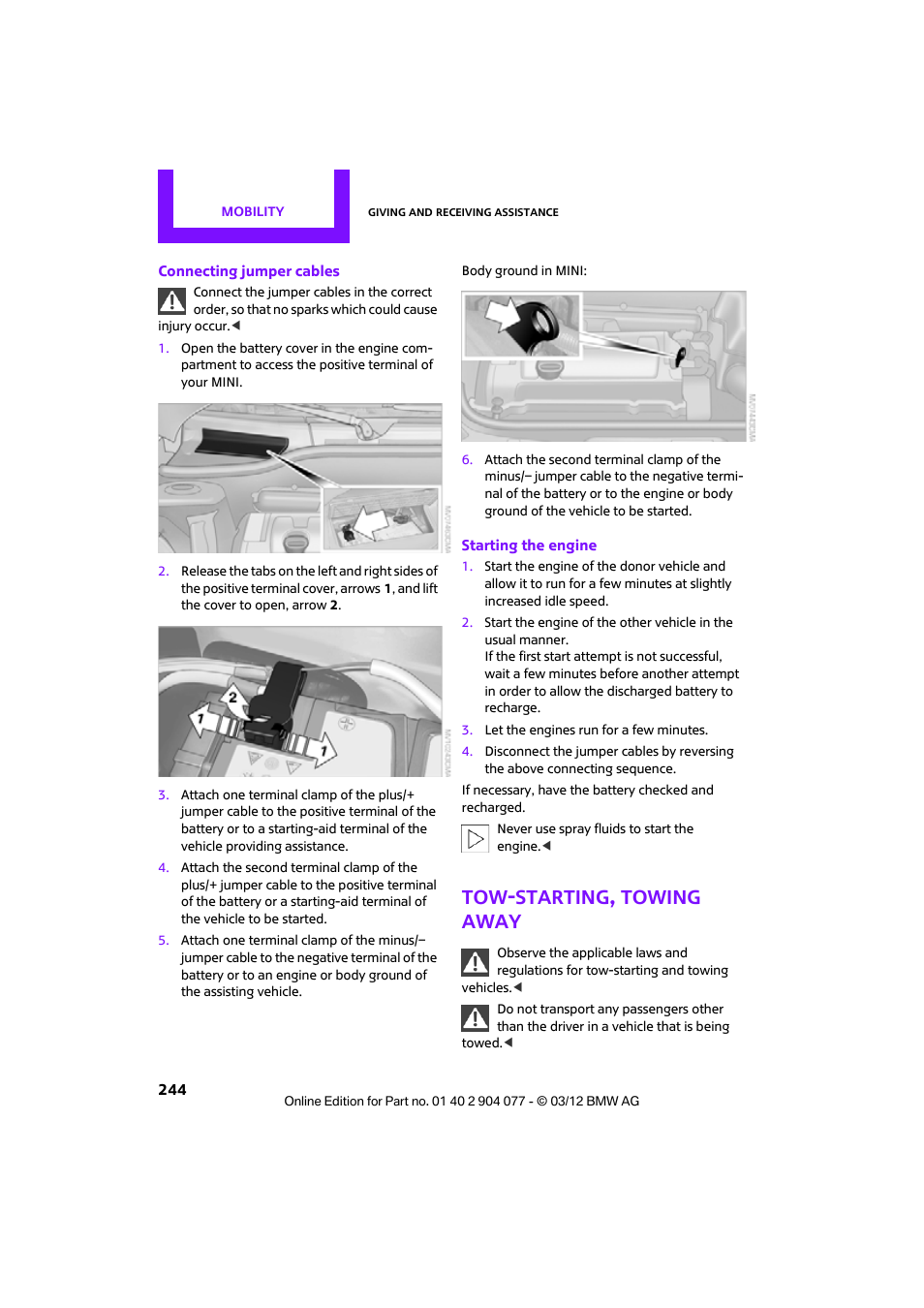 Tow-starting, towing away | Mini 2012 Coupe Roadster Convertible User Manual | Page 245 / 283