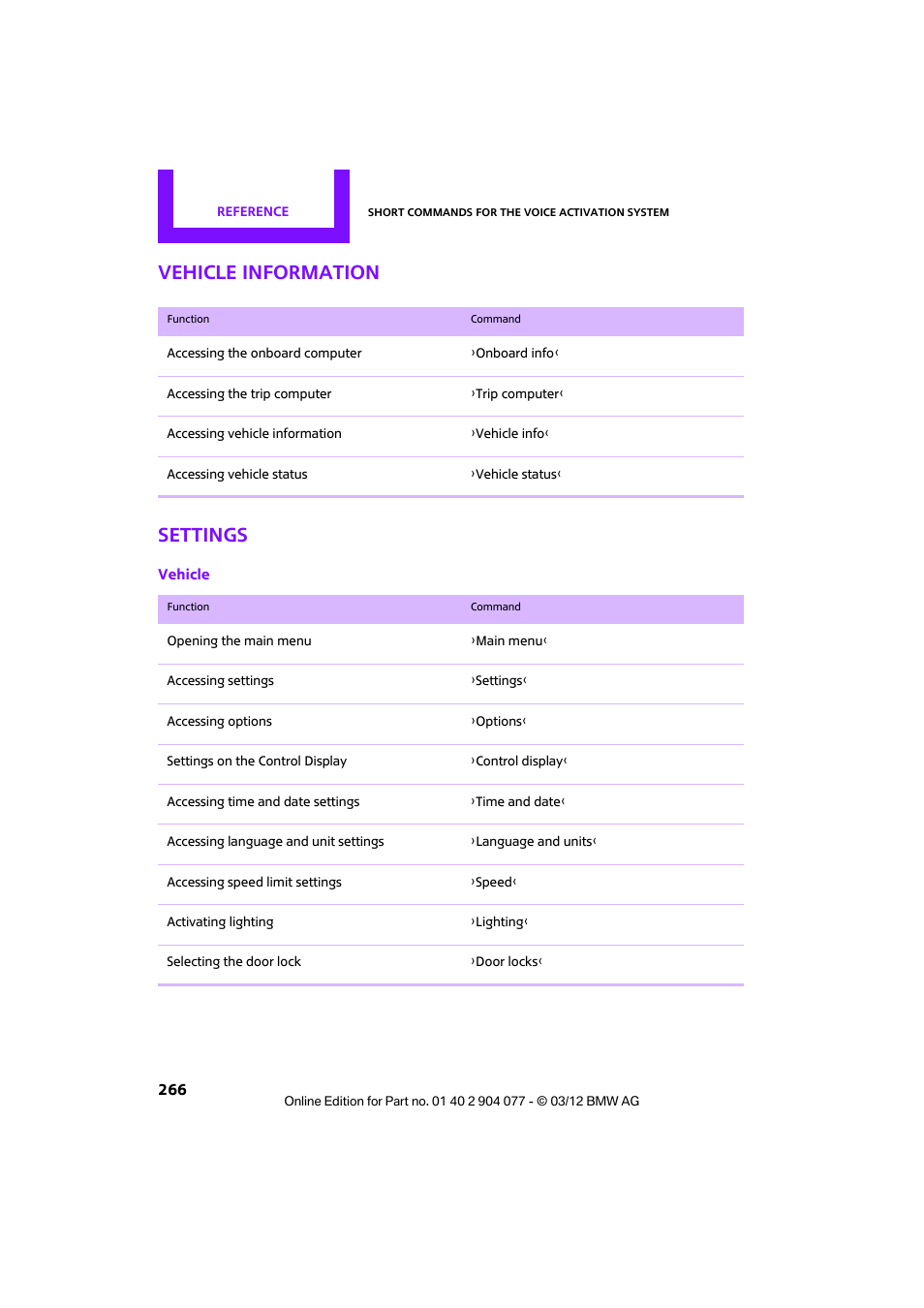 Vehicle information, Settings, Vehicle information settings | Mini 2012 Coupe Roadster Convertible User Manual | Page 267 / 283