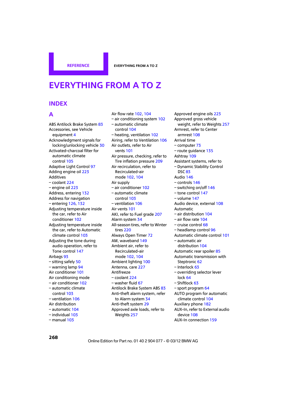 Everything from a to z, Index, Index a | Mini 2012 Coupe Roadster Convertible User Manual | Page 269 / 283