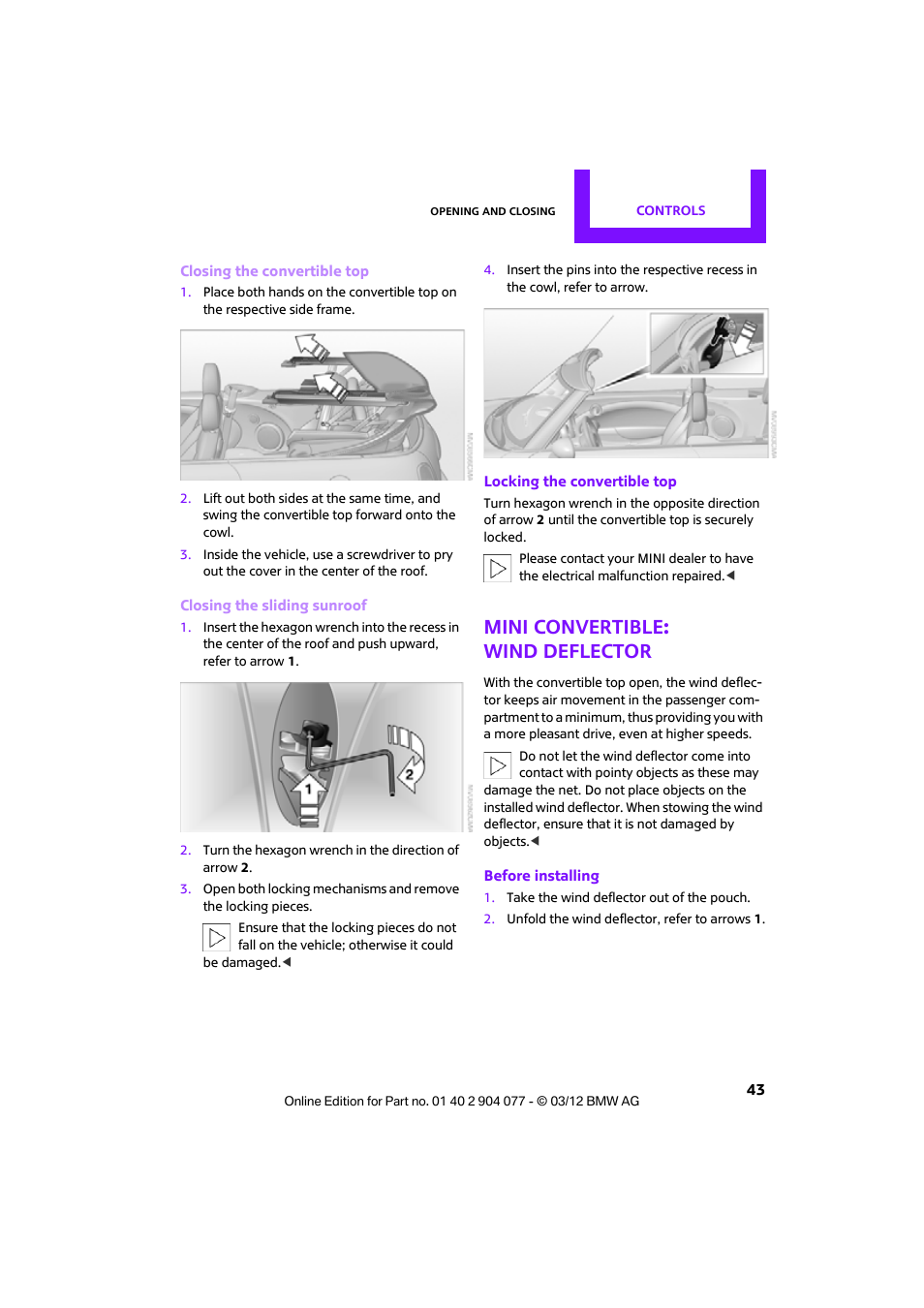 Mini convertible: wind deflector | Mini 2012 Coupe Roadster Convertible User Manual | Page 44 / 283