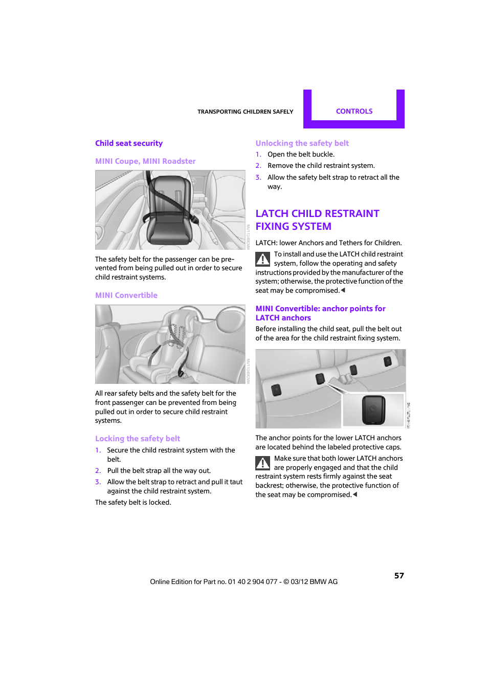 Latch child restraint fixing system | Mini 2012 Coupe Roadster Convertible User Manual | Page 58 / 283