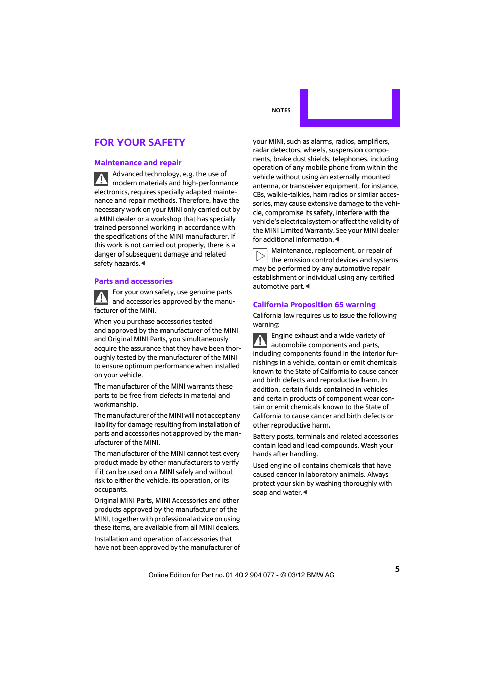 For your safety | Mini 2012 Coupe Roadster Convertible User Manual | Page 6 / 283