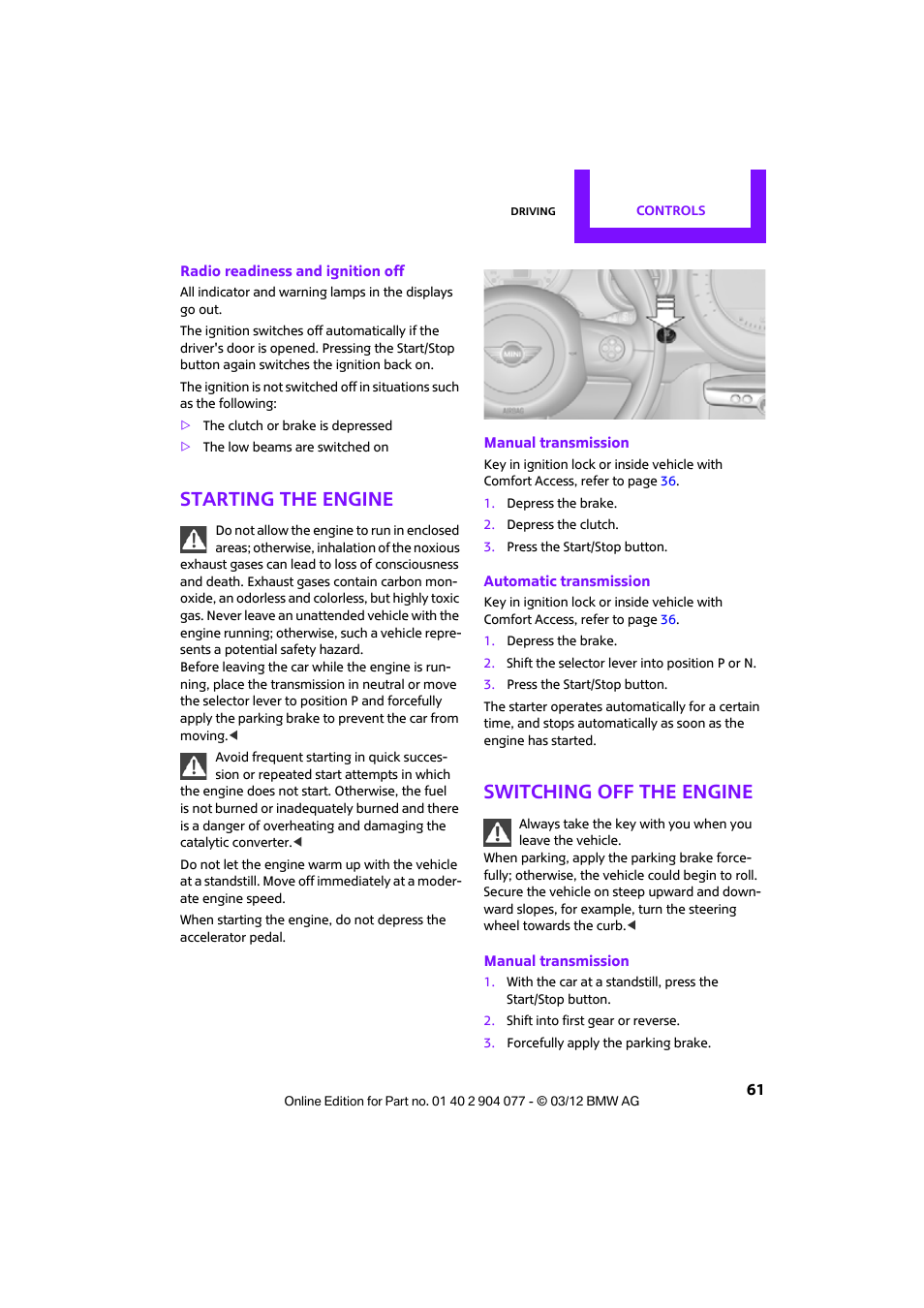 Starting the engine, Switching off the engine | Mini 2012 Coupe Roadster Convertible User Manual | Page 62 / 283