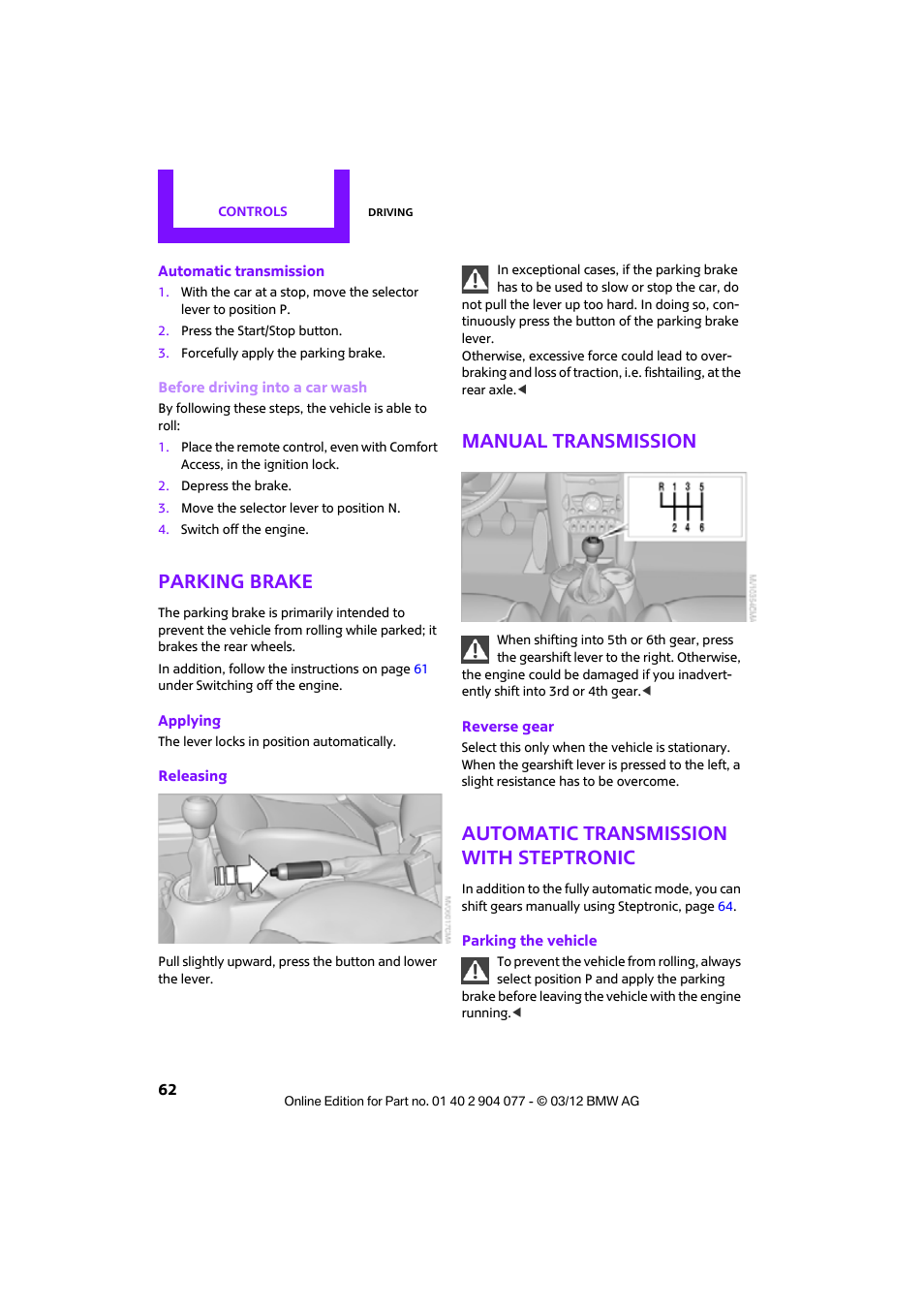 Parking brake, Manual transmission, Automatic transmission with steptronic | Mini 2012 Coupe Roadster Convertible User Manual | Page 63 / 283
