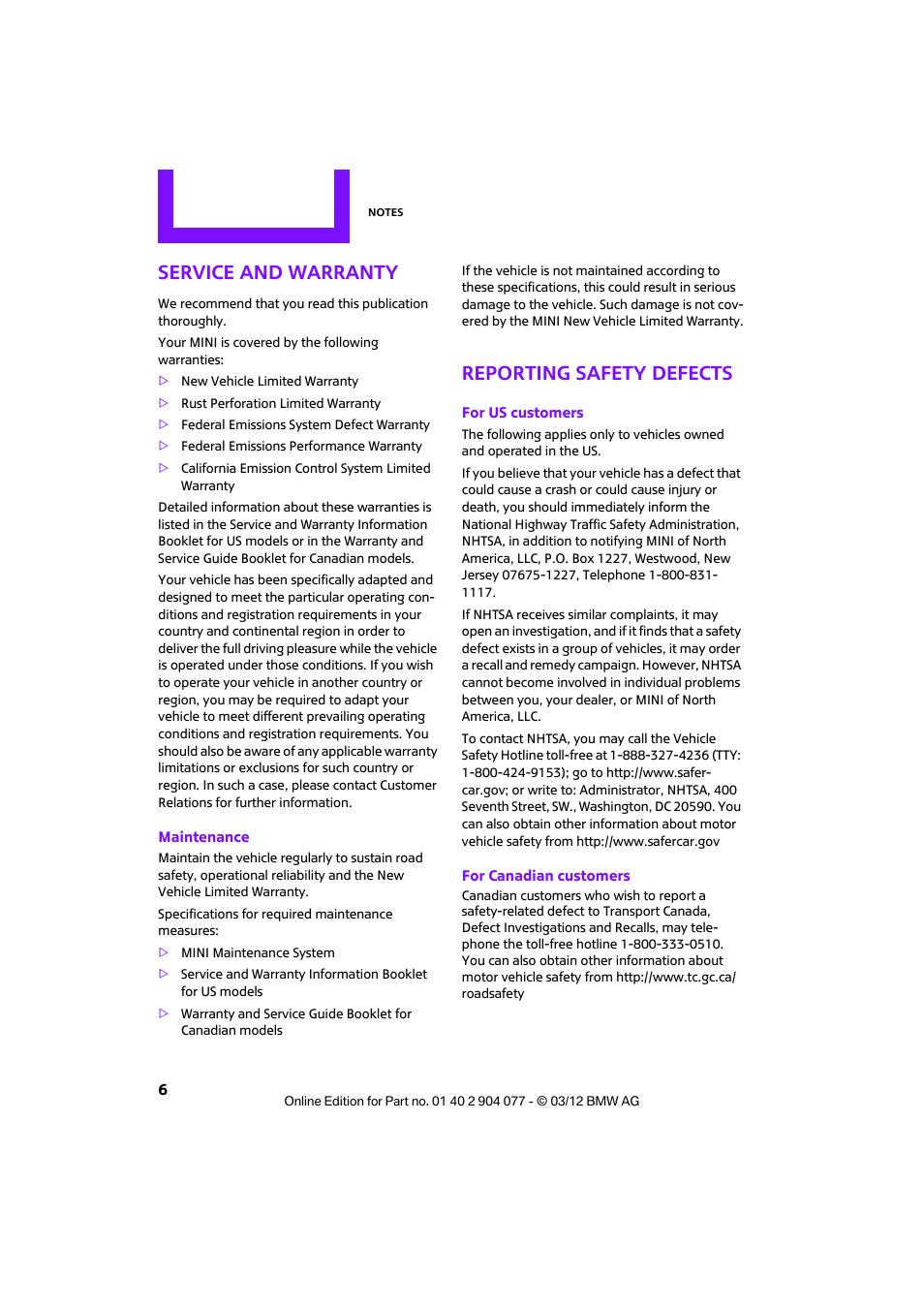 Service and warranty, Reporting safety defects | Mini 2012 Coupe Roadster Convertible User Manual | Page 7 / 283