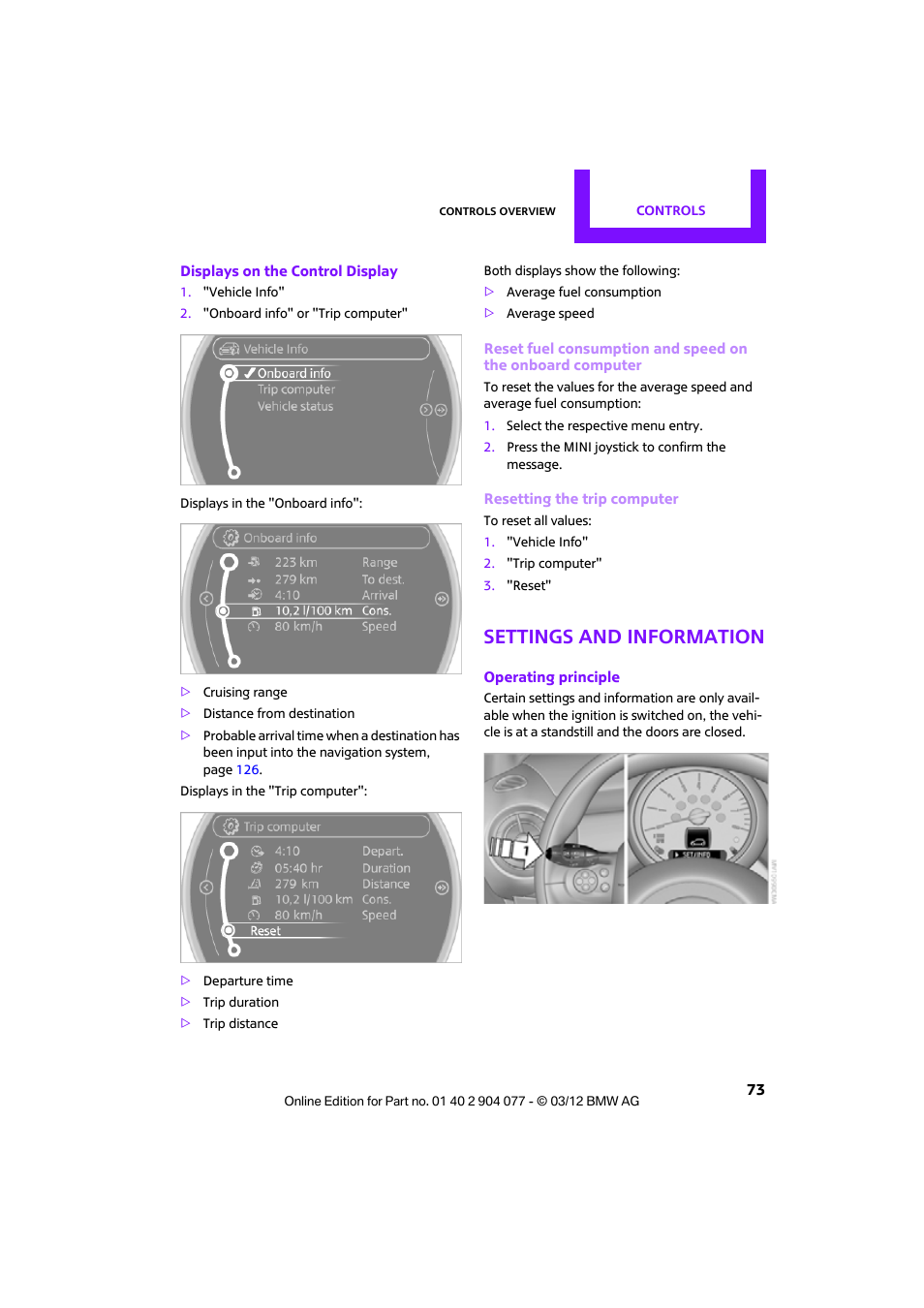 Settings and information, Information | Mini 2012 Coupe Roadster Convertible User Manual | Page 74 / 283