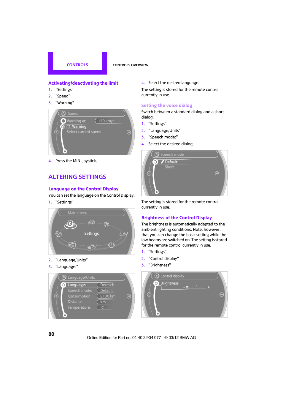Altering settings, Brightness of the control display, Language on the control display | Mini 2012 Coupe Roadster Convertible User Manual | Page 81 / 283