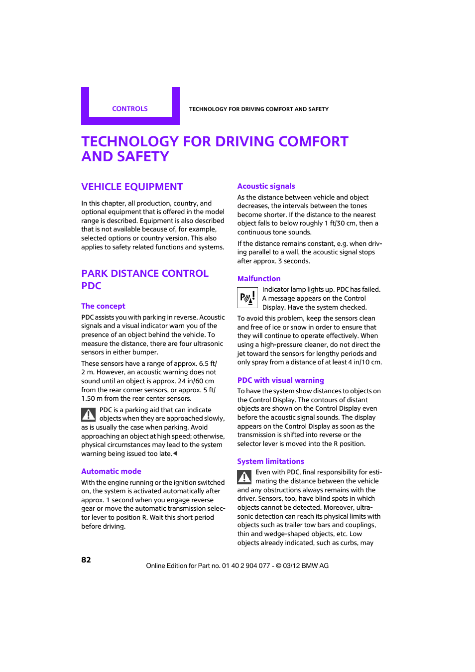 Technology for driving comfort and safety, Vehicle equipment, Park distance control pdc | Mini 2012 Coupe Roadster Convertible User Manual | Page 83 / 283