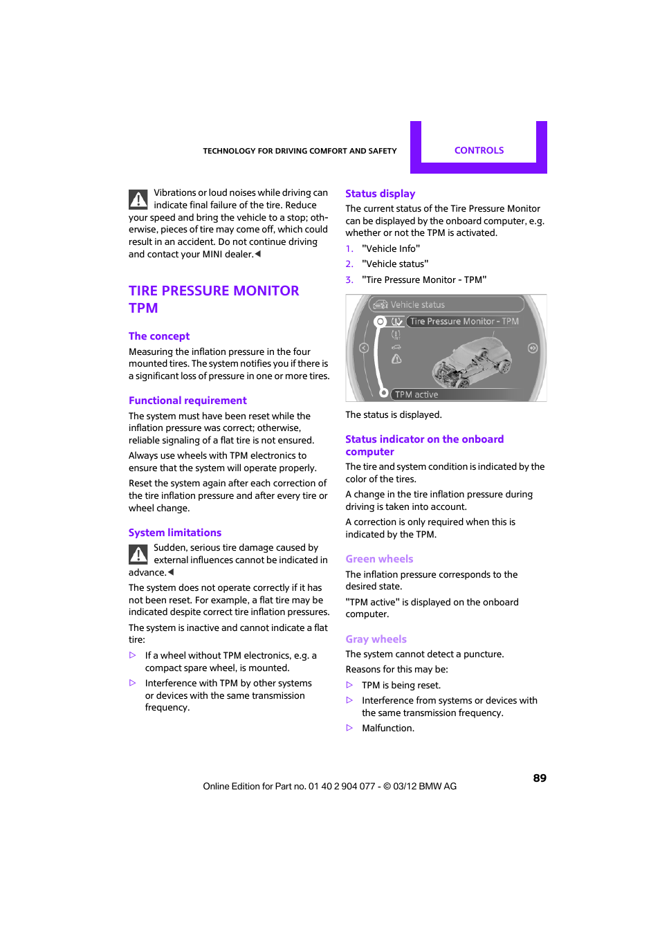 Tire pressure monitor tpm | Mini 2012 Coupe Roadster Convertible User Manual | Page 90 / 283