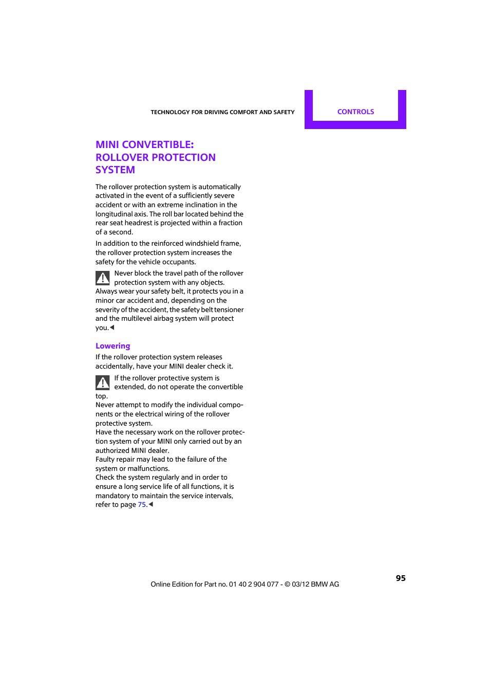 Mini convertible: rollover protection system | Mini 2012 Coupe Roadster Convertible User Manual | Page 96 / 283