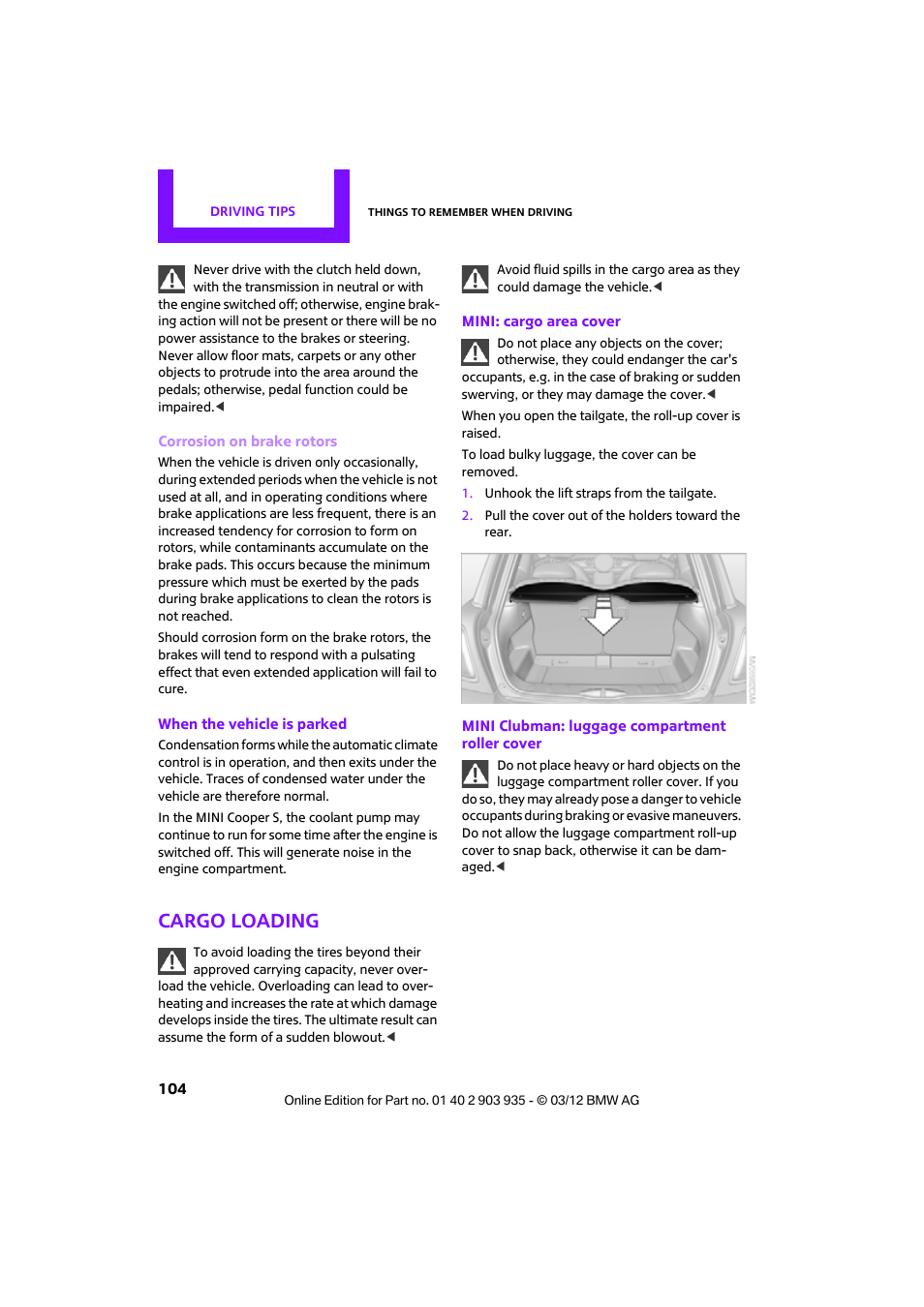 Cargo loading | Mini 2012 Clubman User Manual | Page 105 / 269