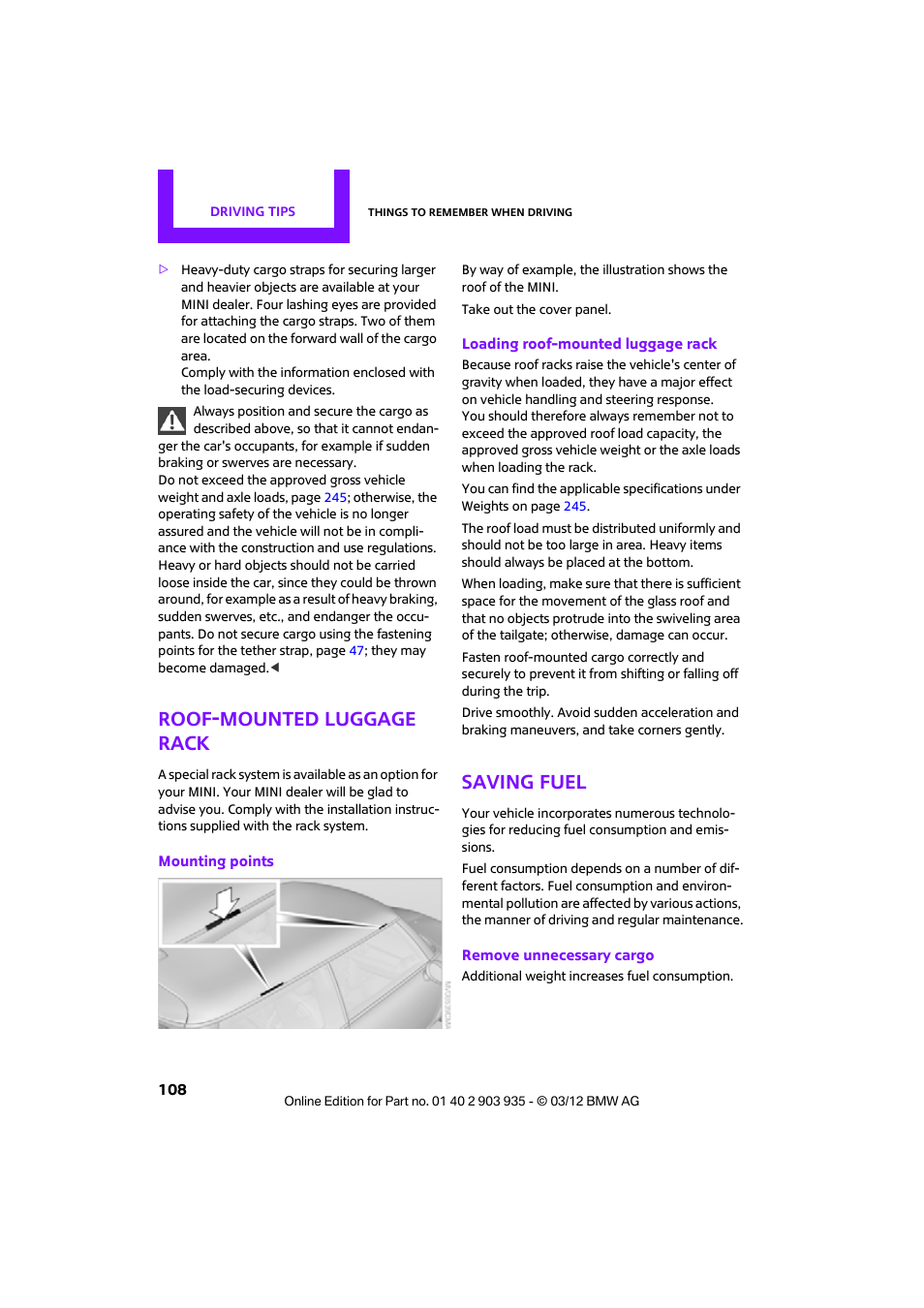 Roof-mounted luggage rack, Saving fuel | Mini 2012 Clubman User Manual | Page 109 / 269