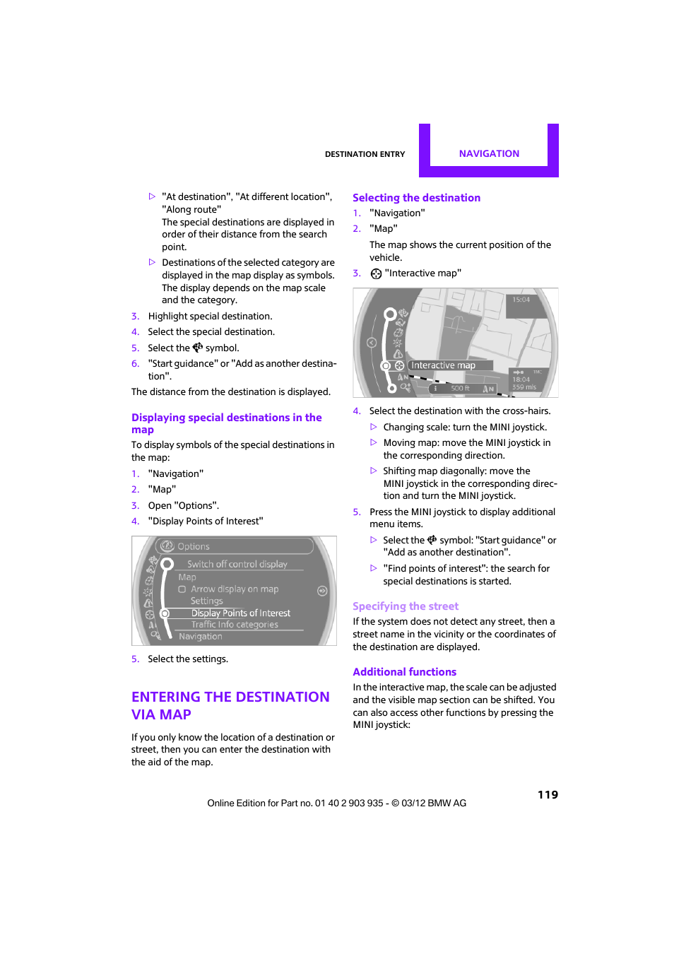 Entering the destination via map | Mini 2012 Clubman User Manual | Page 120 / 269