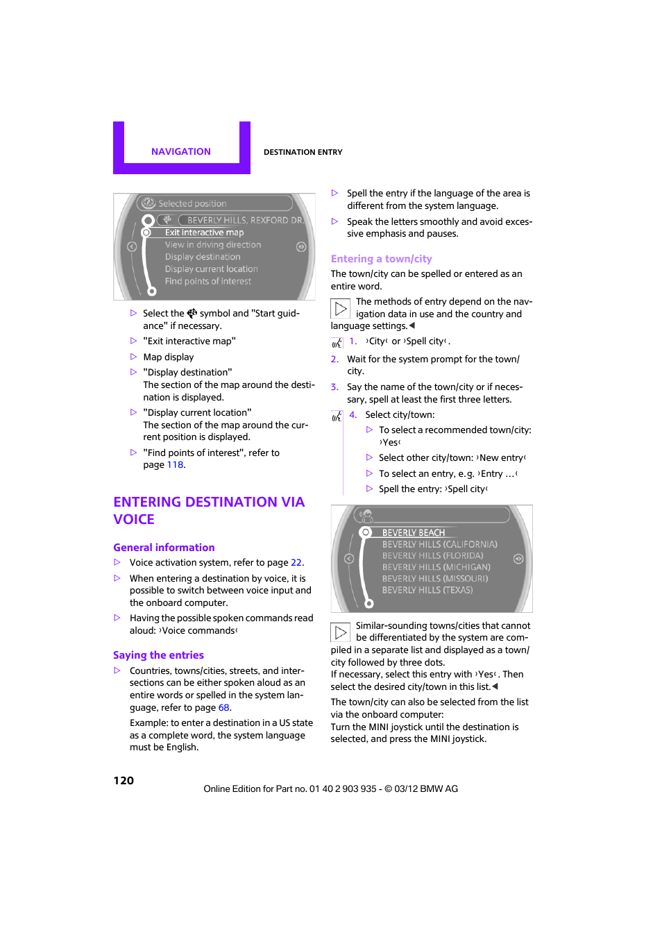 Entering destination via voice | Mini 2012 Clubman User Manual | Page 121 / 269