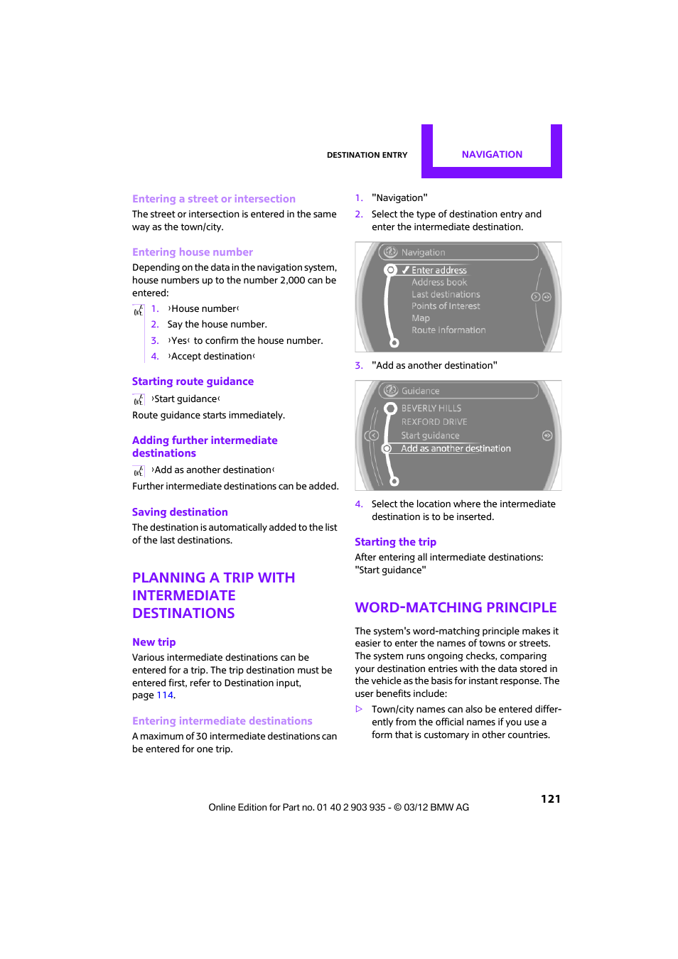 Planning a trip with intermediate destinations, Word-matching principle | Mini 2012 Clubman User Manual | Page 122 / 269