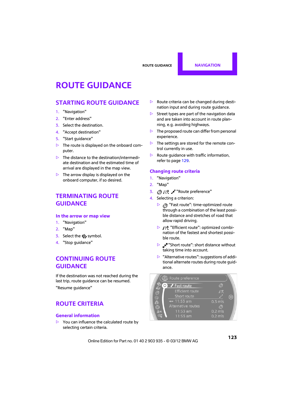 Route guidance, Starting route guidance, Terminating route guidance | Continuing route guidance, Route criteria | Mini 2012 Clubman User Manual | Page 124 / 269
