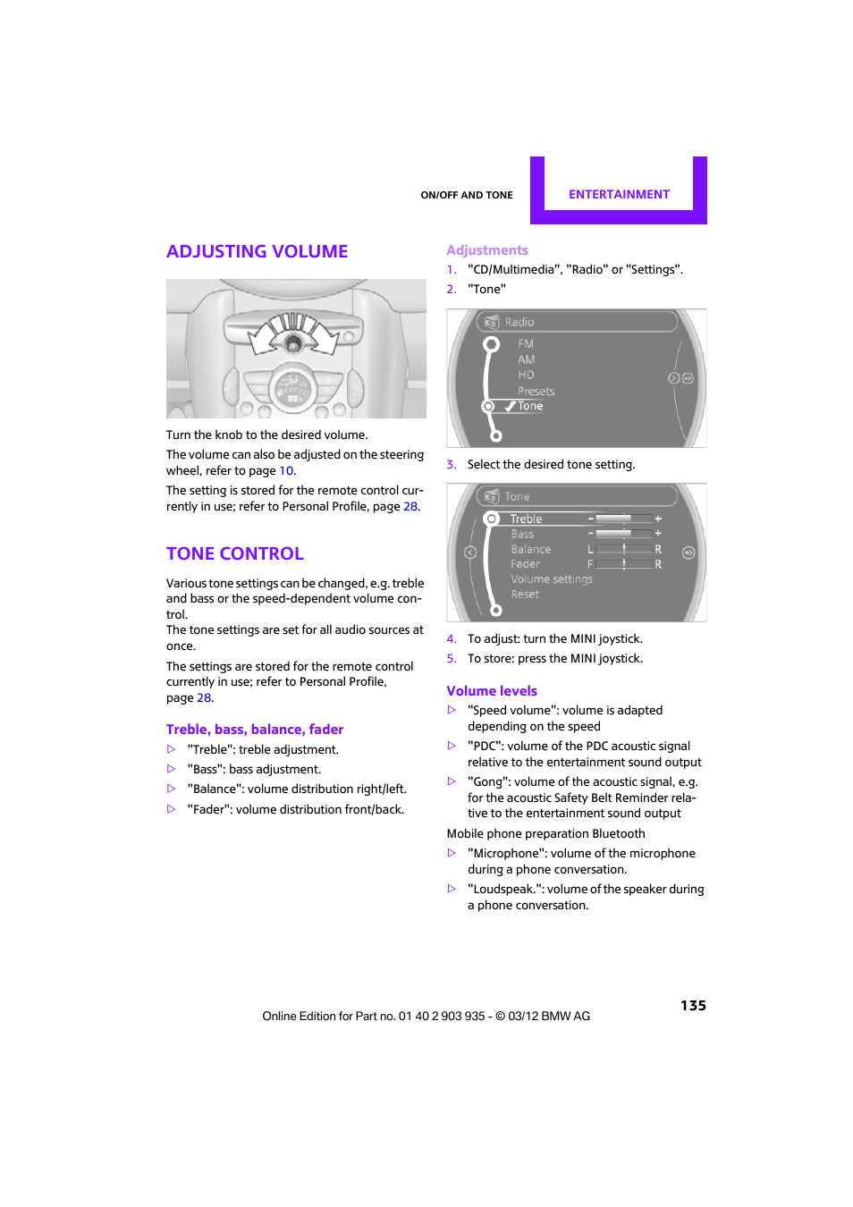Adjusting volume, Tone control | Mini 2012 Clubman User Manual | Page 136 / 269