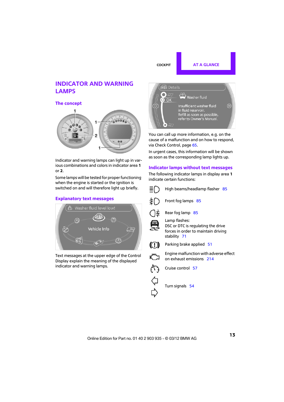 Indicator and warning lamps | Mini 2012 Clubman User Manual | Page 14 / 269