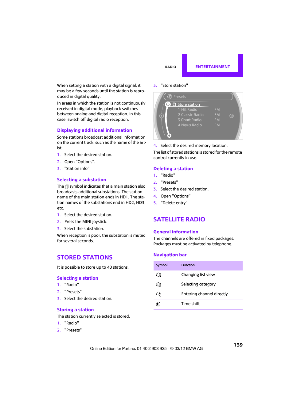 Stored stations, Satellite radio | Mini 2012 Clubman User Manual | Page 140 / 269