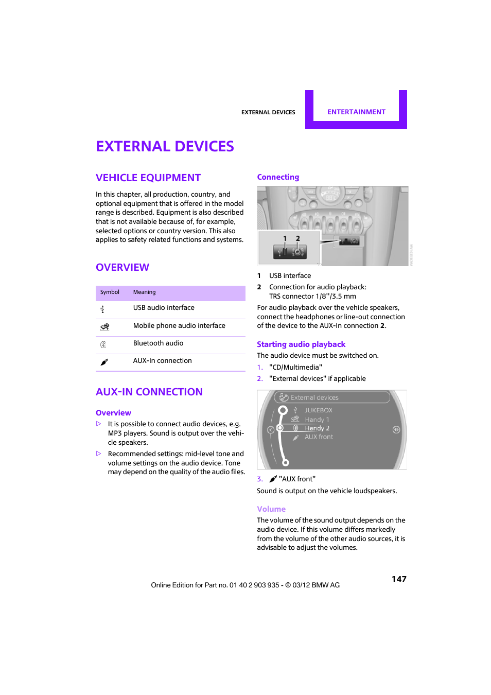External devices, Vehicle equipment, Overview | Aux-in connection, Overview aux-in connection | Mini 2012 Clubman User Manual | Page 148 / 269