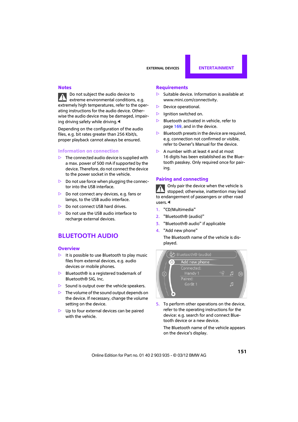 Bluetooth audio | Mini 2012 Clubman User Manual | Page 152 / 269