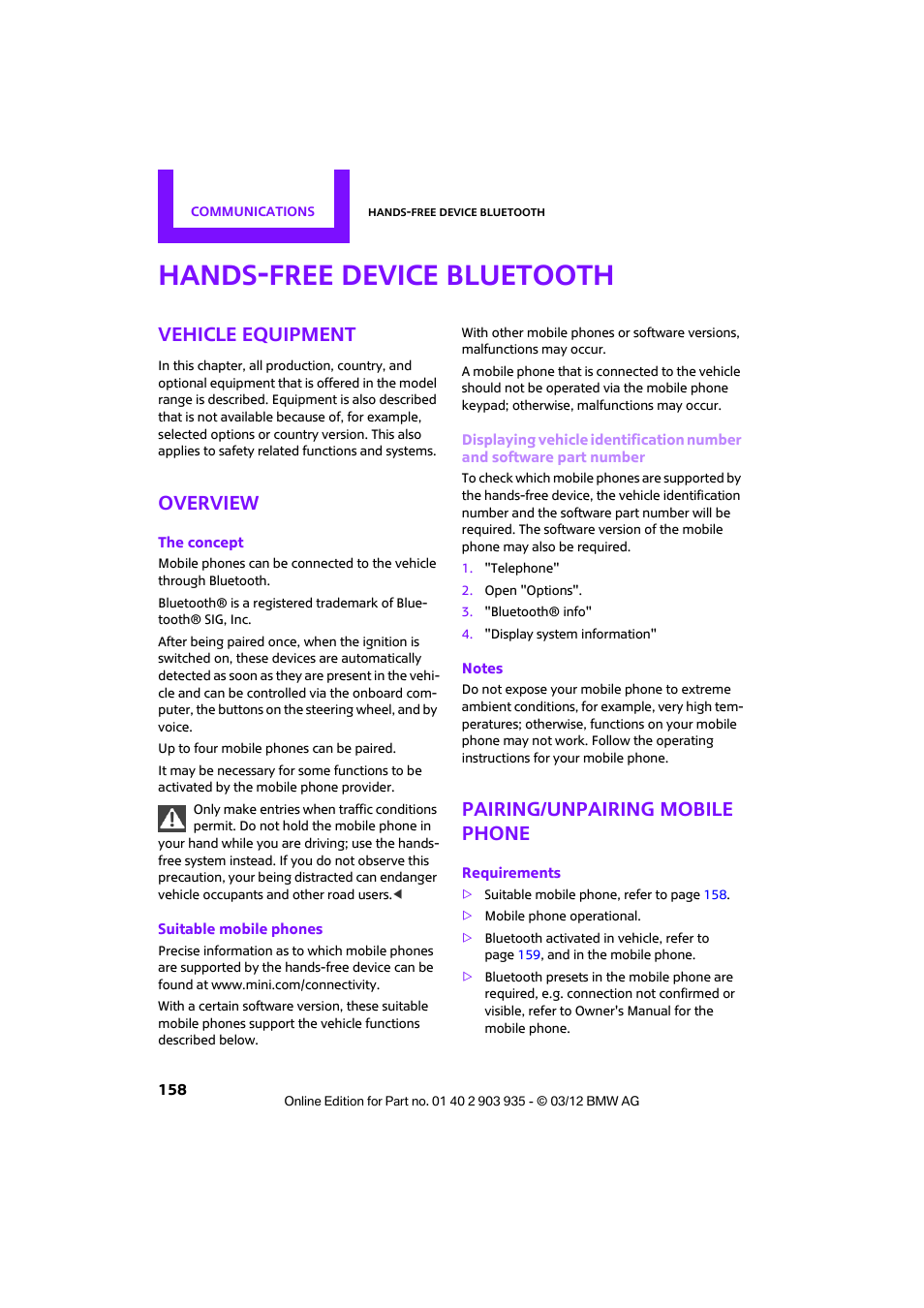Hands-free device bluetooth, Vehicle equipment, Overview | Pairing/unpairing mobile phone | Mini 2012 Clubman User Manual | Page 159 / 269