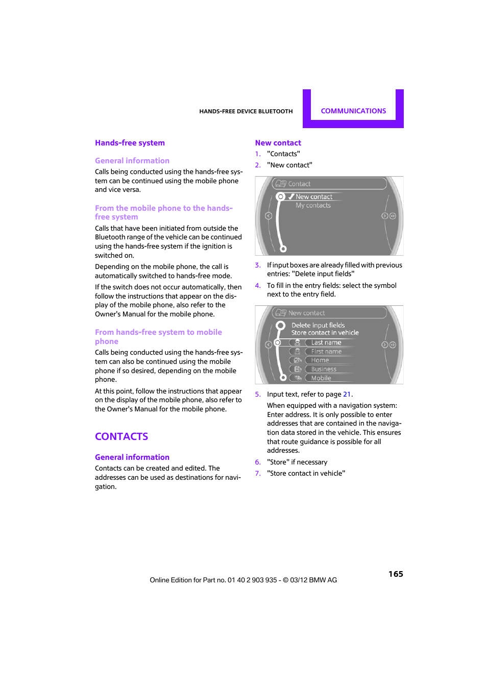 Contacts | Mini 2012 Clubman User Manual | Page 166 / 269