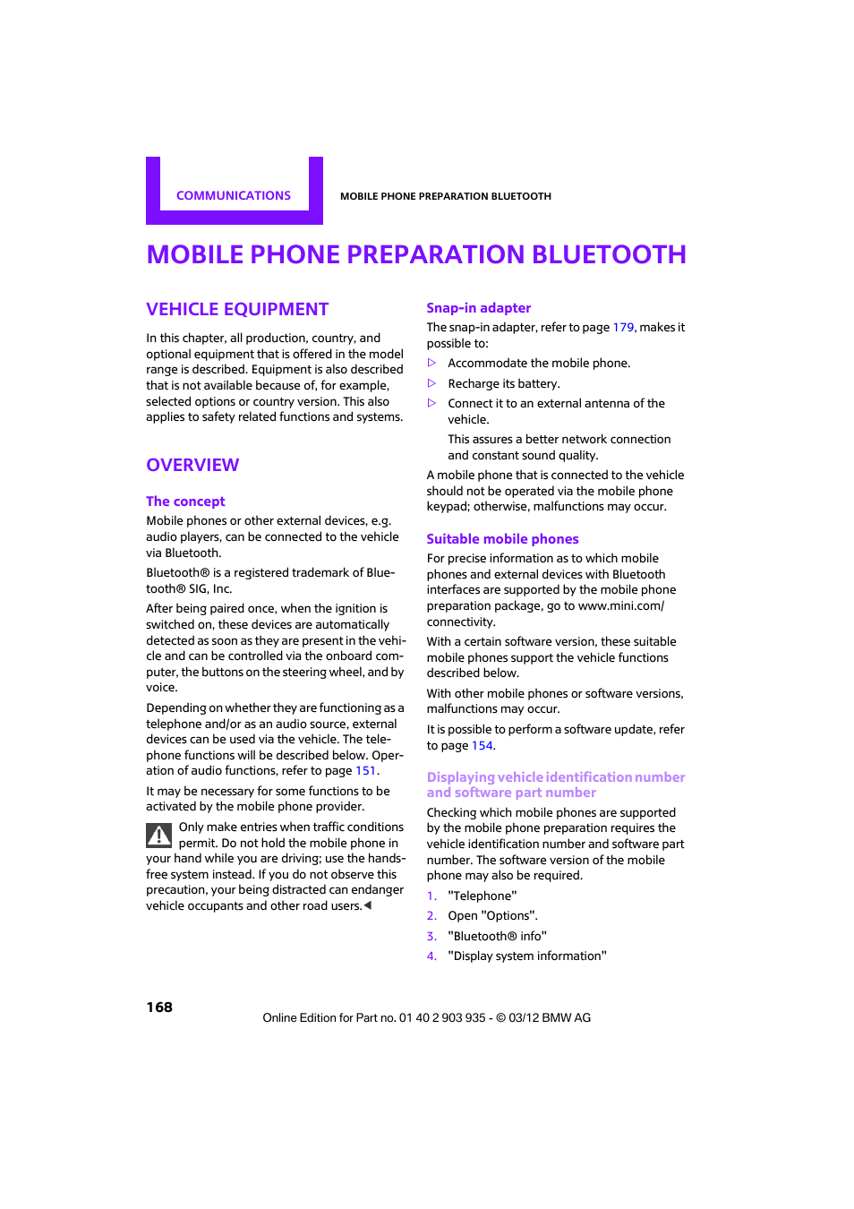 Mobile phone preparation bluetooth, Vehicle equipment, Overview | Mini 2012 Clubman User Manual | Page 169 / 269