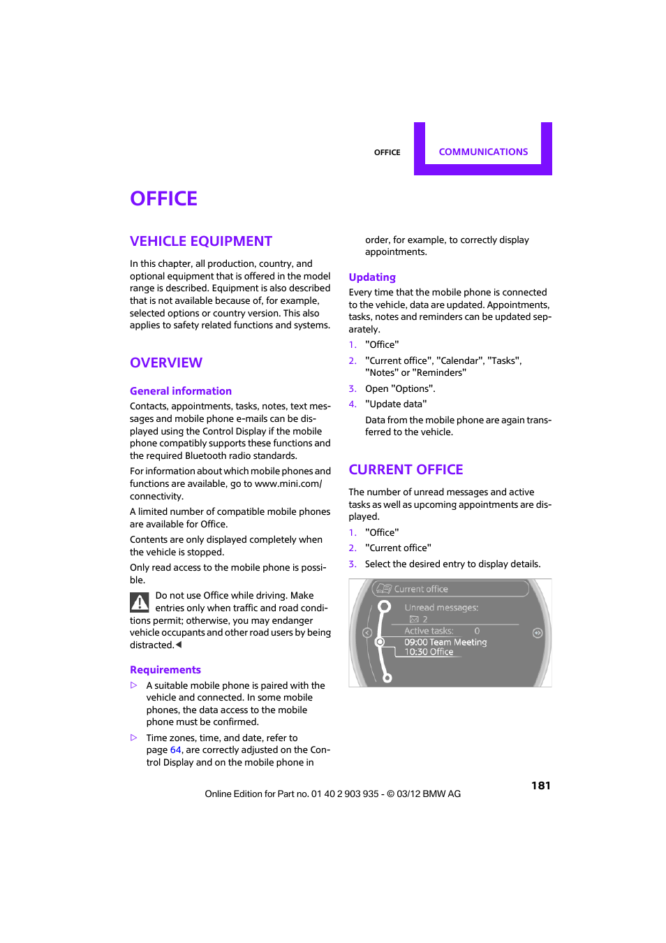 Office, Vehicle equipment, Overview | Current office | Mini 2012 Clubman User Manual | Page 182 / 269