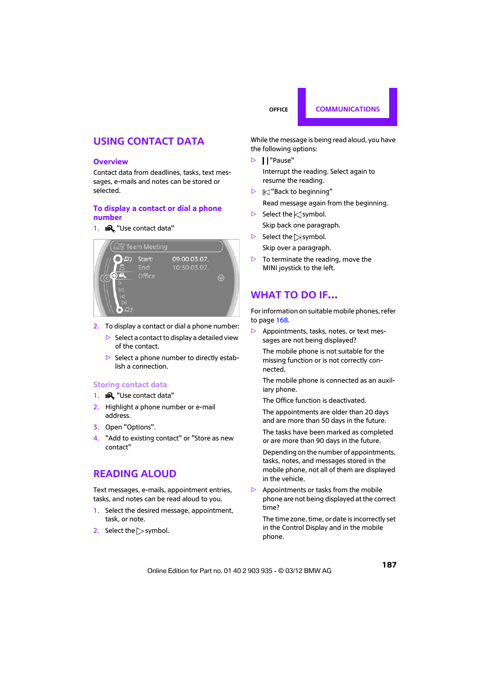 Using contact data, Reading aloud, What to do if | Mini 2012 Clubman User Manual | Page 188 / 269