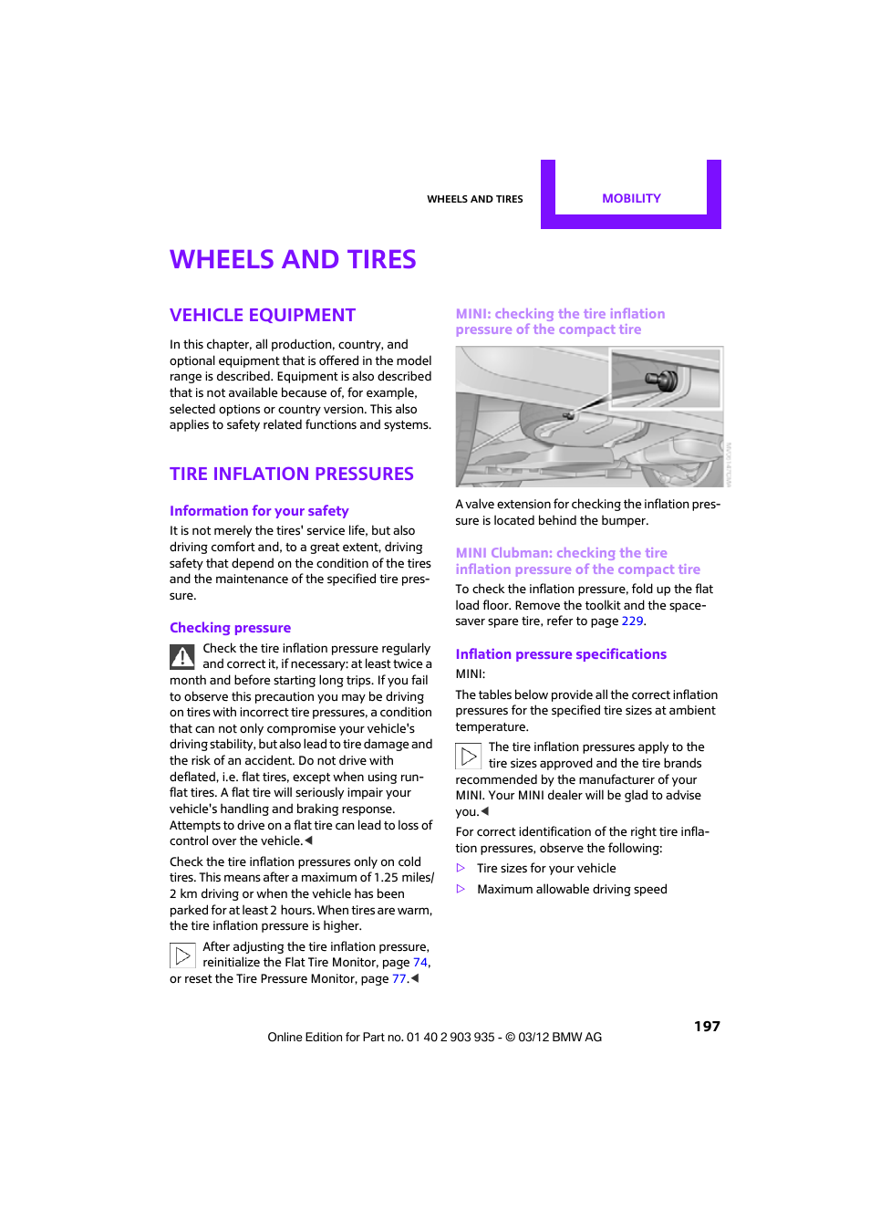 Wheels and tires, Vehicle equipment, Tire inflation pressures | Mini 2012 Clubman User Manual | Page 198 / 269